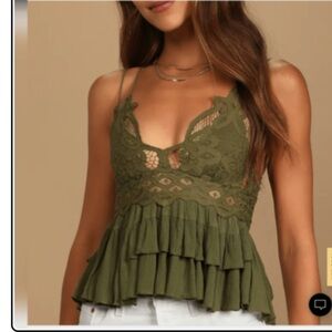 NEW $68. Free People Strappy Ruffle Olive Green Cami Top Women’s Size L  NWT